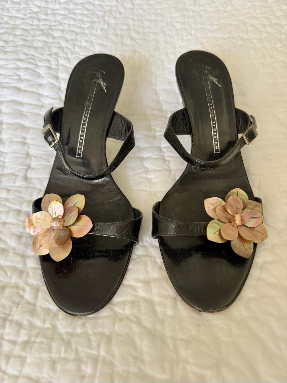 Giuseppe Zanotti Vintage Leather Mules with Mother of Pearl Flower - 37-1/2
